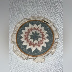 Vintage Handmade Patchwork Quilt Folded Star in Hoop Lace Ruffled Embroidery